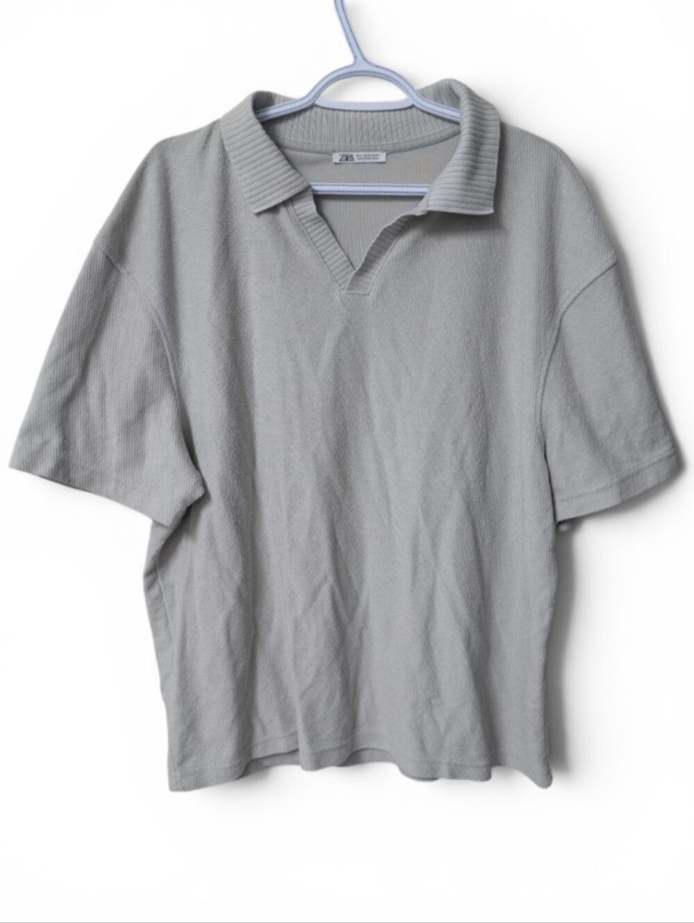 Zara Short Sleeve Textured Knit Polo Shirt, Light Grey